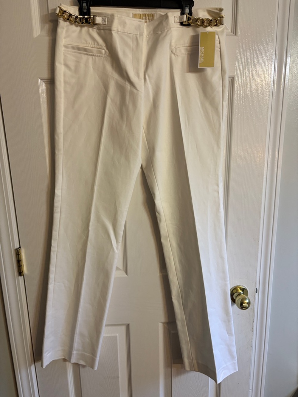 Michael Kors Cream Straight-Leg Pants with Gold Chain Details